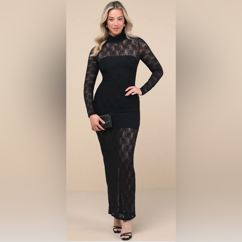 Lulus Black Lace Mock Neck Long Sleeve Maxi Dress, NWT, Sz L